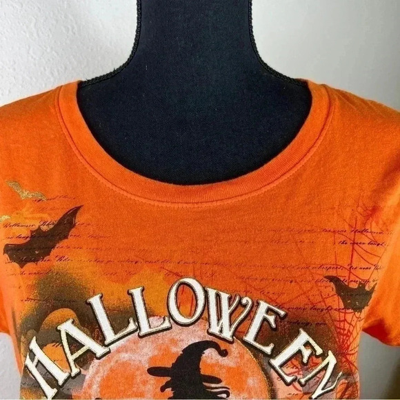 Halloween Orange Pullover Unisex T-Shirt Witch, Bats, Spider, Spider Web, Moon - Picture 9 of 11